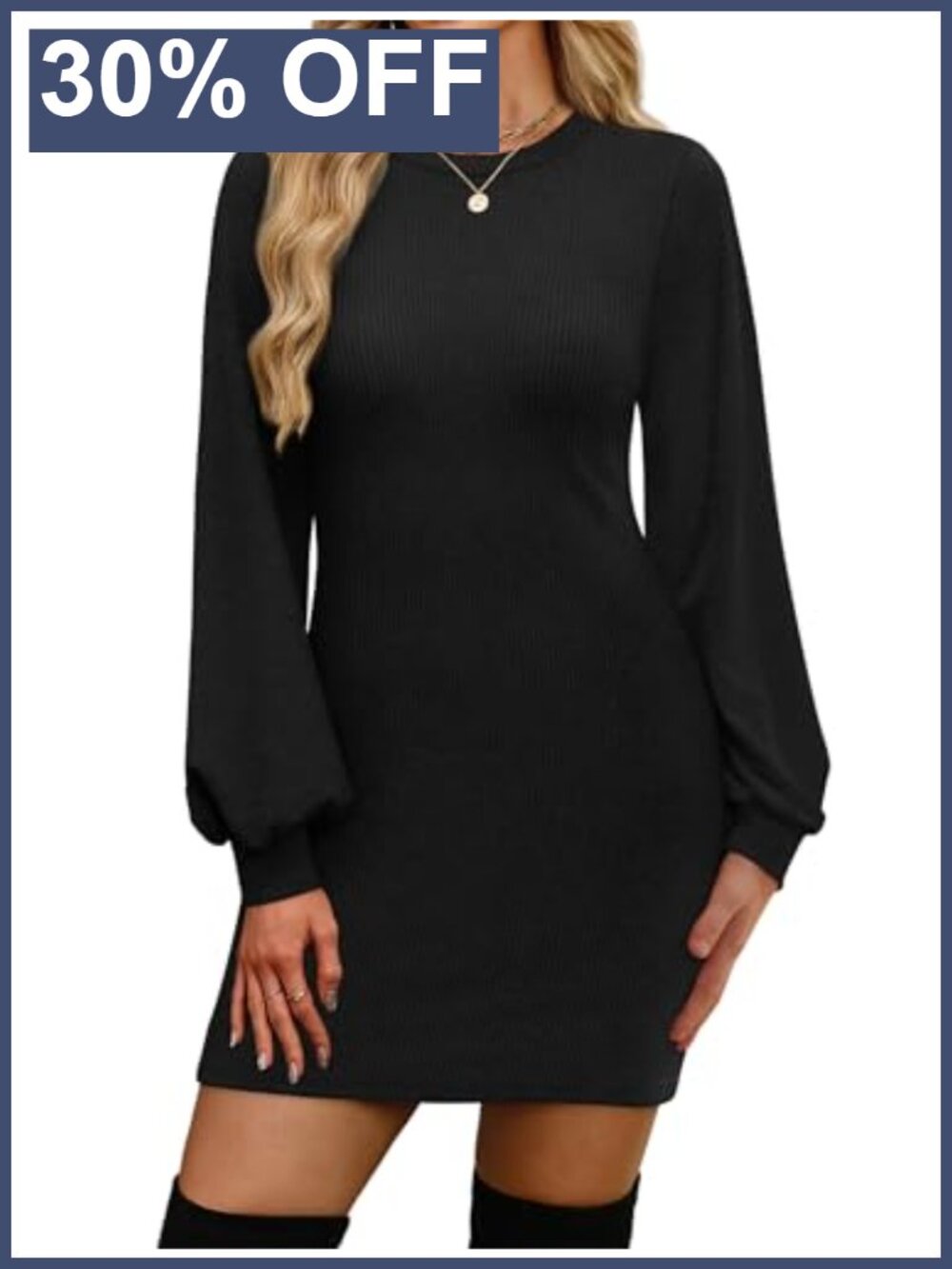 Puff Sleeve Sweater Dress Bodycon Ribbed Knit Midi Pullover